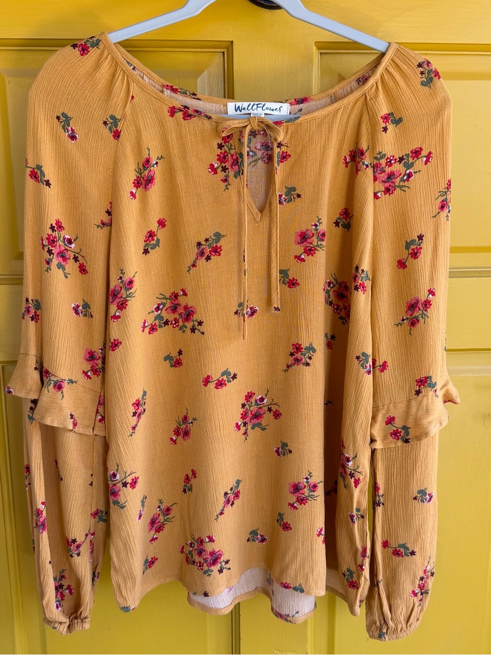 Wallflower Mustard Floral Tie-Front Peasant Blouse